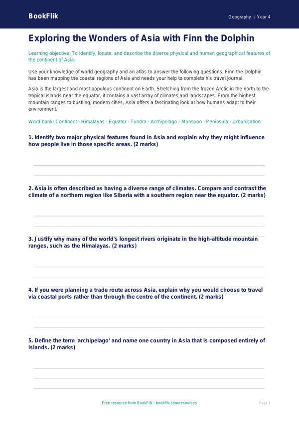 Free Asia Worksheet | Year 4 Greater Depth | BookFlik worksheet preview — Geography Asia
