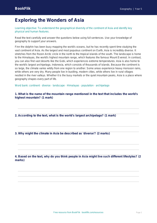 Free Asia Comprehension | Year 5 Core | BookFlik worksheet preview — Geography Asia