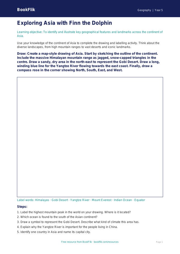 Free Asia Drawing Sheet | Year 5 Core | BookFlik worksheet preview — Geography Asia