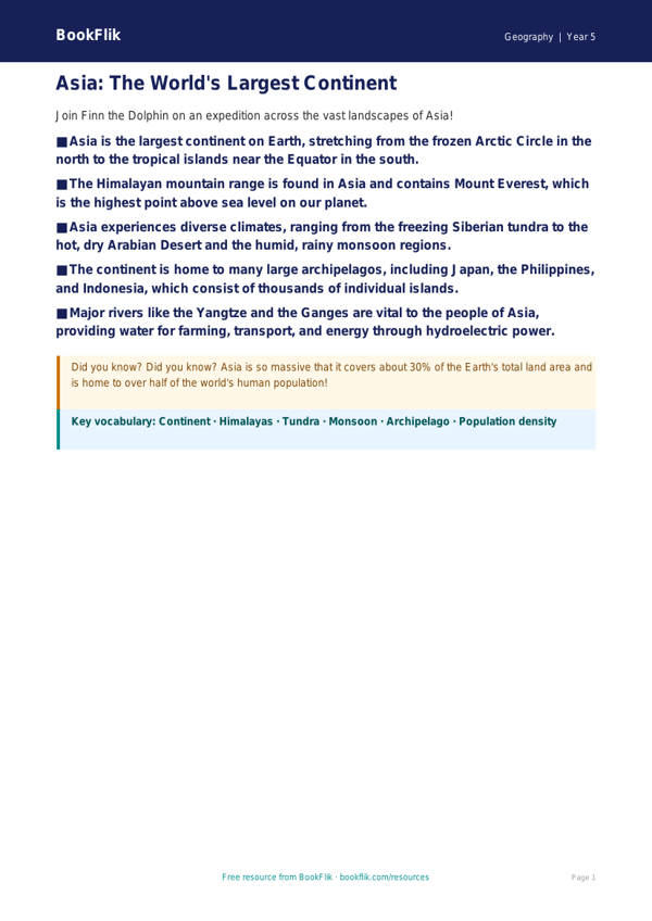 Free Asia Geography Poster | Year 5 Curriculum | BookFlik worksheet preview — Geography Asia