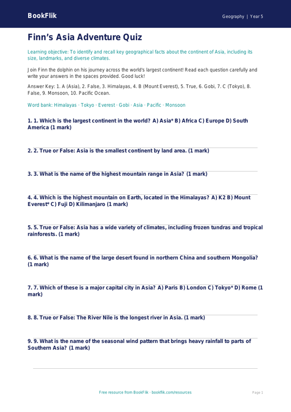 Free Asia Quiz | Year 5 Core | BookFlik worksheet preview — Geography Asia