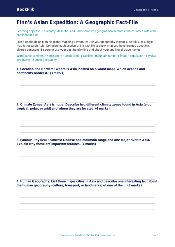 Free Asia Template | Year 5 Core | BookFlik worksheet preview — Geography Asia