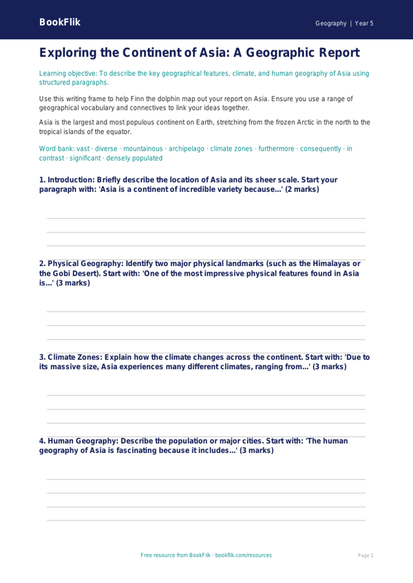 Free Asia Writing Frame | Year 5 Core | BookFlik worksheet preview — Geography Asia