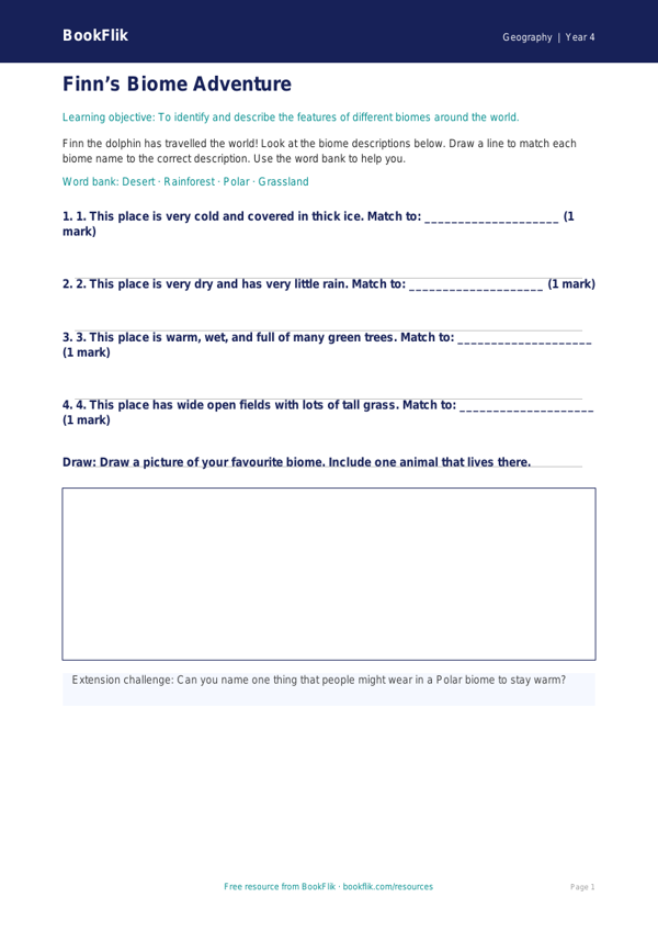 Free Biomes Activity Sheet | Year 4 Supported | BookFlik worksheet preview — Geography Biomes