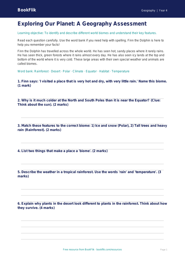Free Biomes Assessment | Year 4 Supported | BookFlik worksheet preview — Geography Biomes
