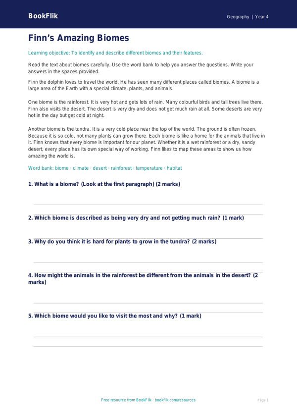Free Biomes Comprehension | Year 4 Supported | BookFlik worksheet preview — Geography Biomes