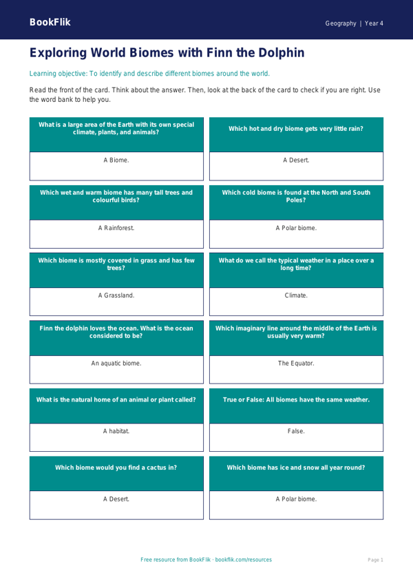 Free Biomes Flashcards | Year 4 Supported | BookFlik worksheet preview — Geography Biomes