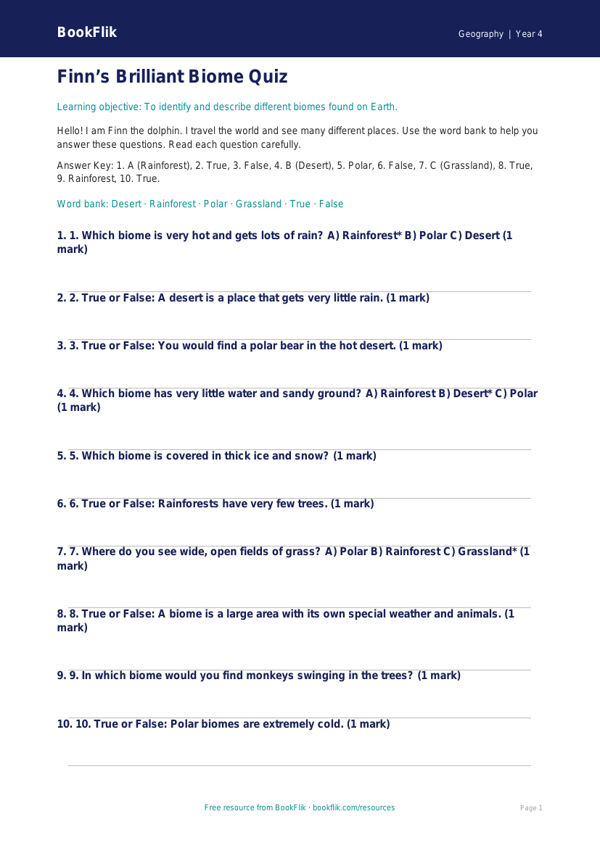 Free Biomes Quiz | Year 4 Supported | BookFlik worksheet preview — Geography Biomes