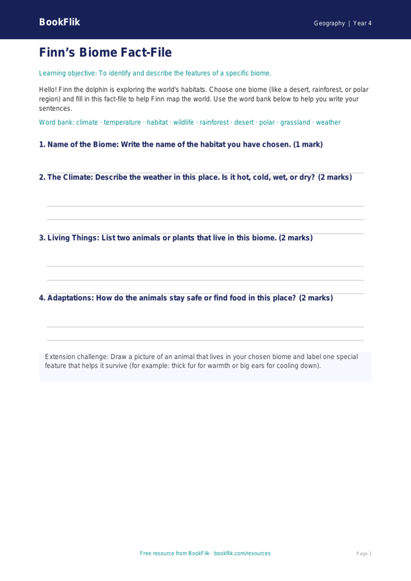 Free Biomes Template | Year 4 Supported | BookFlik worksheet preview — Geography Biomes