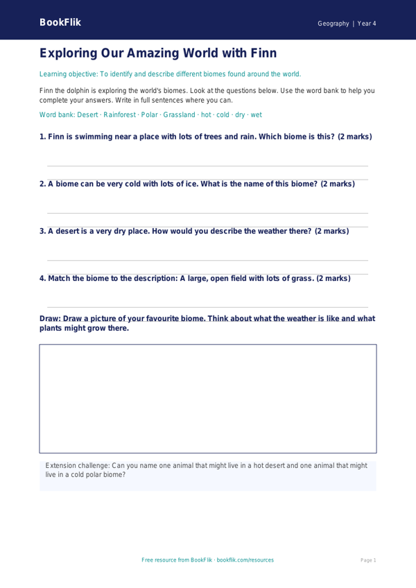 Free Biomes Worksheet | Year 4 Supported | BookFlik worksheet preview — Geography Biomes