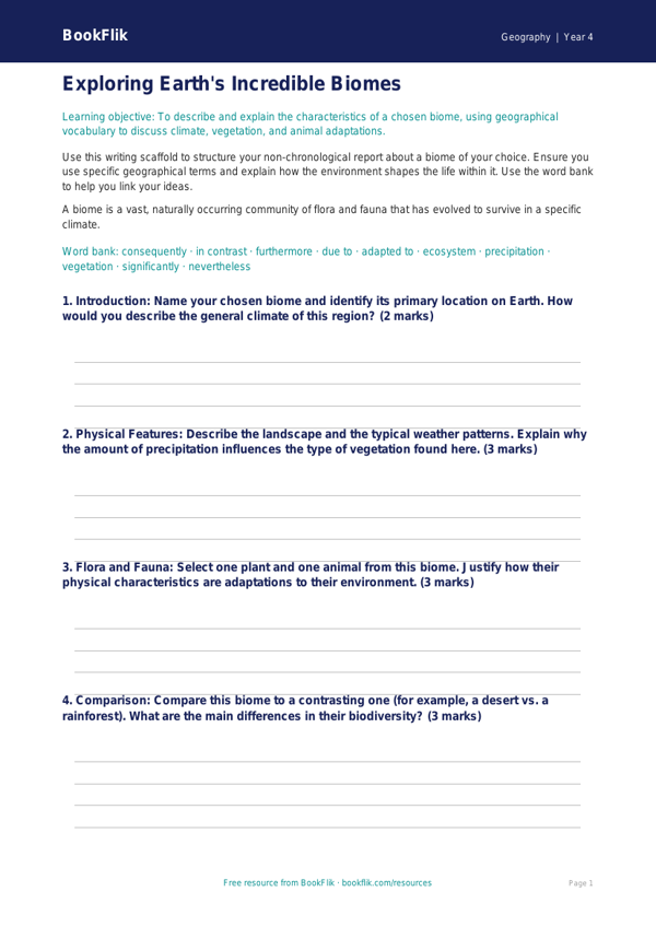 Free Biomes Writing Frame | Year 4 Greater Depth | BookFlik worksheet preview — Geography Biomes
