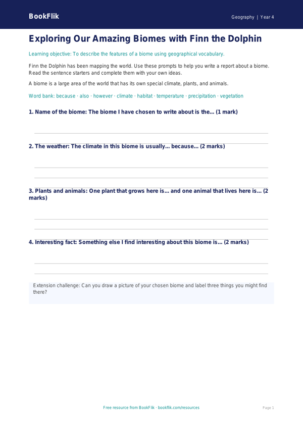 Free Biomes Writing Frame | Year 4 Supported | BookFlik worksheet preview — Geography Biomes