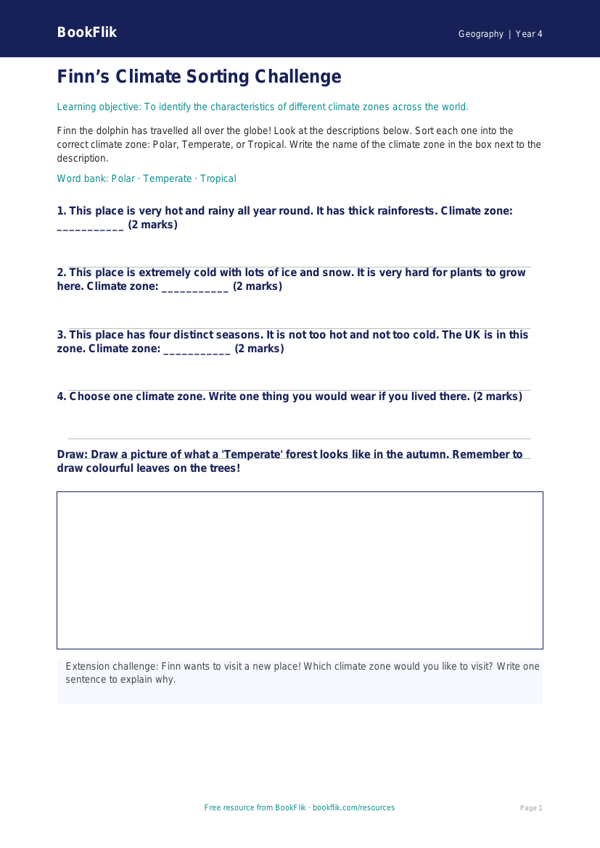 Free Climate Activity Sheet | Year 4 Supported | BookFlik worksheet preview — Geography Climate
