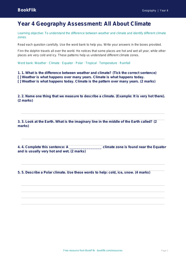 Free Climate Assessment | Year 4 Supported | BookFlik worksheet preview — Geography Climate