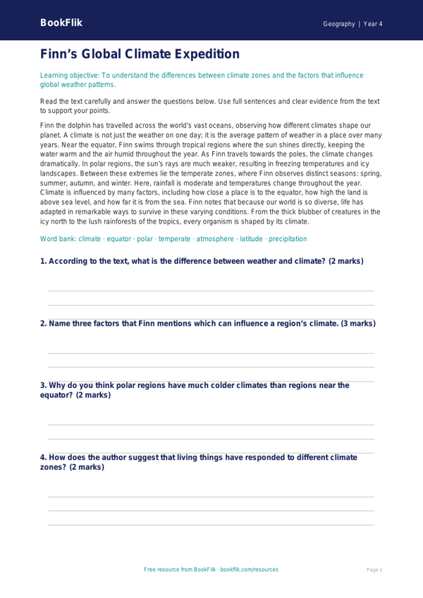 Free Climate Comprehension | Year 4 Greater Depth | BookFlik worksheet preview — Geography Climate