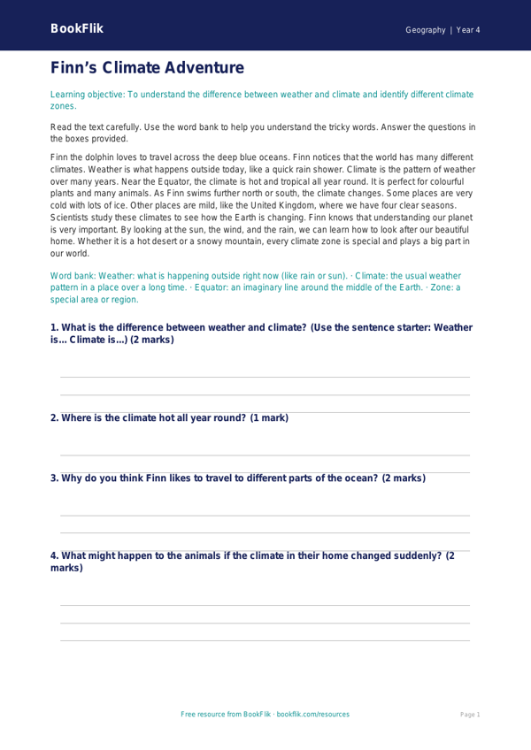 Free Climate Comprehension | Year 4 Supported | BookFlik worksheet preview — Geography Climate