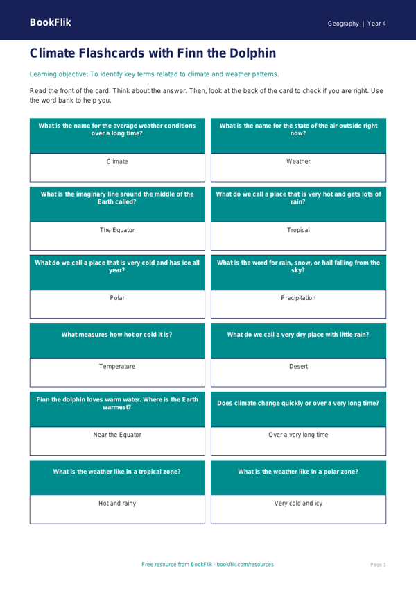 Free Climate Flashcards | Year 4 Supported | BookFlik worksheet preview — Geography Climate