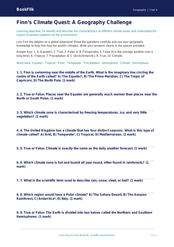 Free Climate Quiz | Year 4 Greater Depth | BookFlik worksheet preview — Geography Climate