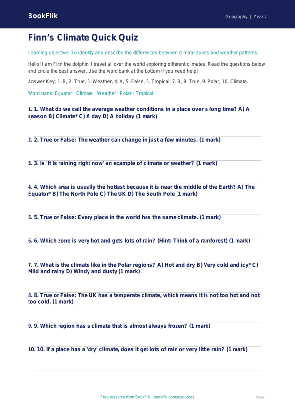 Free Climate Quiz | Year 4 Supported | BookFlik worksheet preview — Geography Climate