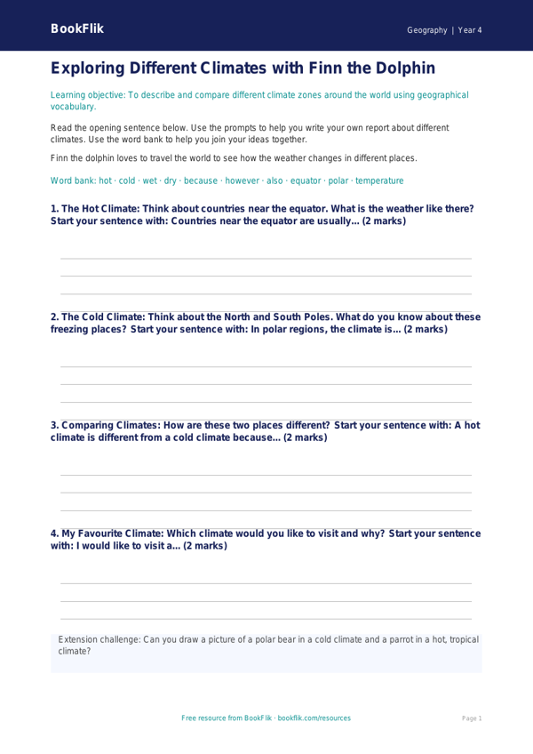 Free Climate Writing Frame | Year 4 Supported | BookFlik worksheet preview — Geography Climate