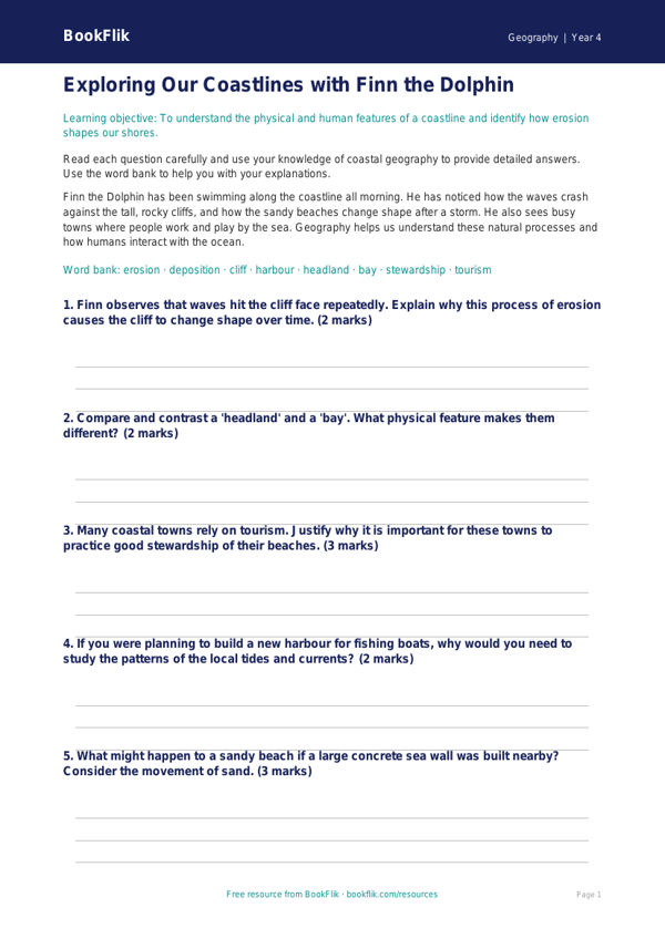 Free Coasts Worksheet | Year 4 Greater Depth | BookFlik worksheet preview — Geography Coasts
