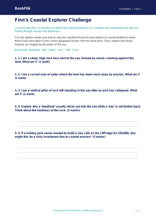Free Coasts Activity Sheet | Year 5 Geography | BookFlik worksheet preview — Geography Coasts