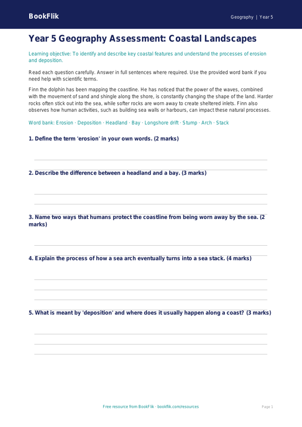 Free Coasts Assessment | Year 5 Core | BookFlik worksheet preview — Geography Coasts