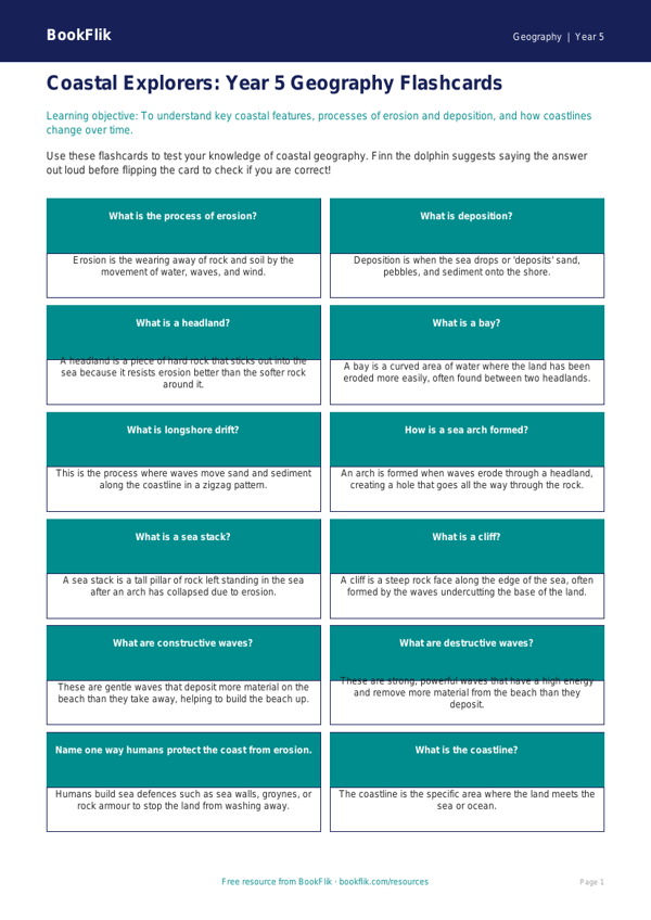 Free Coasts Flashcards | Year 5 Core | BookFlik worksheet preview — Geography Coasts