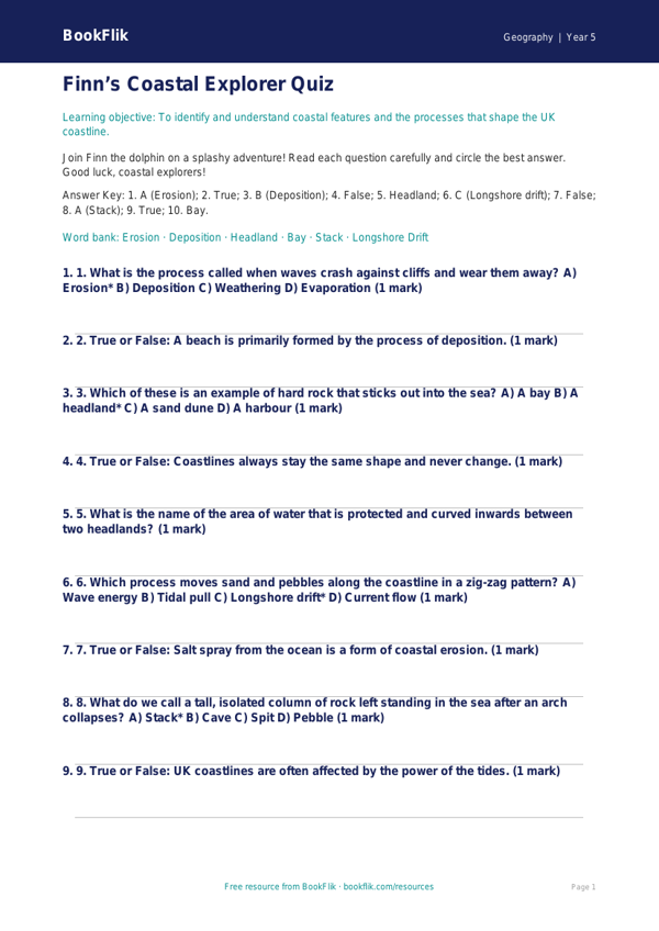 Free Coasts Quiz | Year 5 Geography Worksheet | BookFlik worksheet preview — Geography Coasts