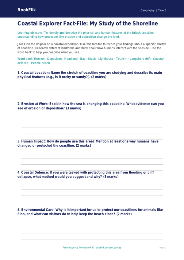 Free Coasts Template | Year 5 Core | BookFlik worksheet preview — Geography Coasts