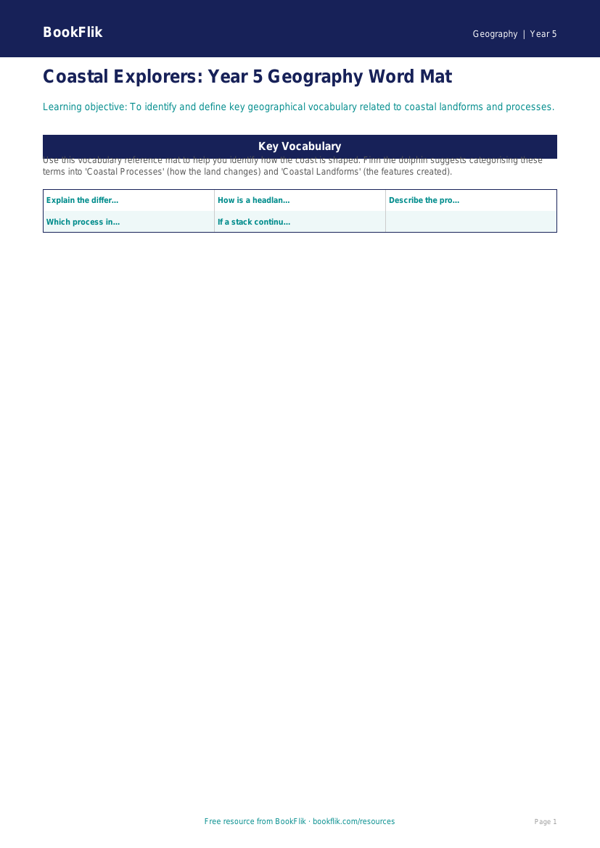 Free Coasts Word Mat | Year 5 Geography | BookFlik worksheet preview — Geography Coasts