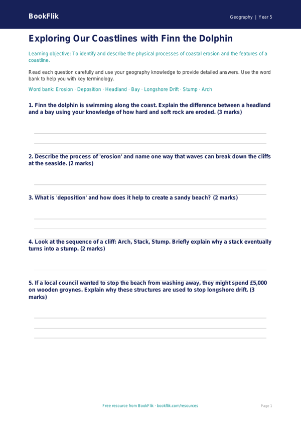 Free Coasts Worksheet | Year 5 Geography | BookFlik worksheet preview — Geography Coasts
