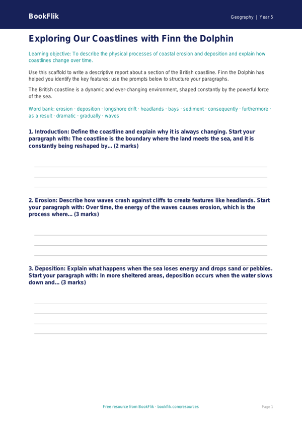 Free Coasts Writing Frame | Year 5 Geography | BookFlik worksheet preview — Geography Coasts