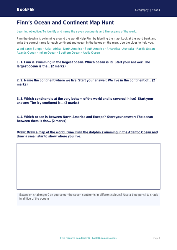 Free Continents And Oceans Activity Sheet | Year 4 Supported | BookFlik worksheet preview — Geography Continents And Oceans