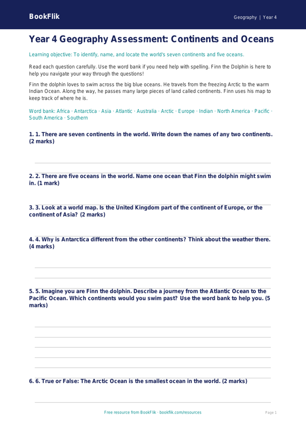 Free Continents And Oceans Assessment | Year 4 Supported | BookFlik worksheet preview — Geography Continents And Oceans