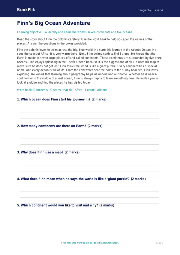 Free Continents And Oceans Comprehension | Year 4 Supported | BookFlik worksheet preview — Geography Continents And Oceans