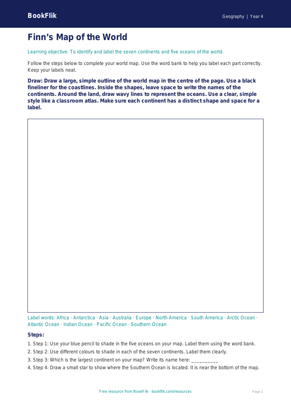 Free Continents And Oceans Drawing Sheet | Year 4 Supported | BookFlik worksheet preview — Geography Continents And Oceans
