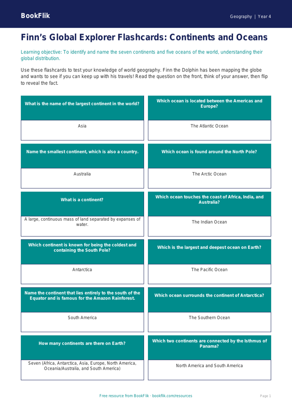 Free Continents And Oceans Flashcards | Year 4 Greater Depth | BookFlik worksheet preview — Geography Continents And Oceans