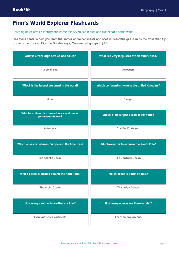 Free Continents And Oceans Flashcards | Year 4 Supported | BookFlik worksheet preview — Geography Continents And Oceans