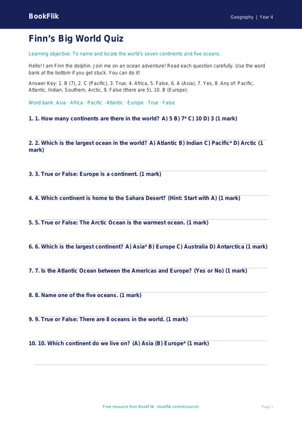 Free Continents And Oceans Quiz | Year 4 Supported | BookFlik worksheet preview — Geography Continents And Oceans