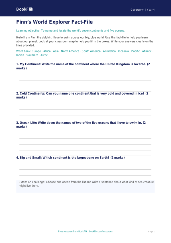 Free Continents And Oceans Template | Year 4 Supported | BookFlik worksheet preview — Geography Continents And Oceans