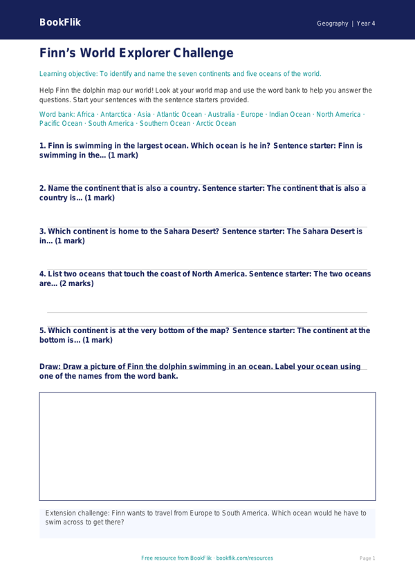 Free Continents And Oceans Worksheet | Year 4 Supported | BookFlik worksheet preview — Geography Continents And Oceans