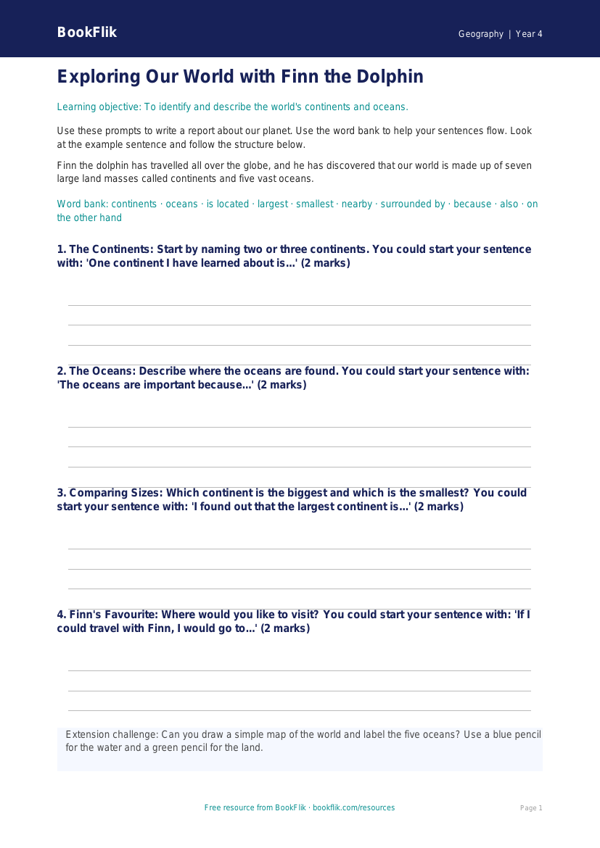Free Continents And Oceans Writing Frame | Year 4 Supported | BookFlik worksheet preview — Geography Continents And Oceans