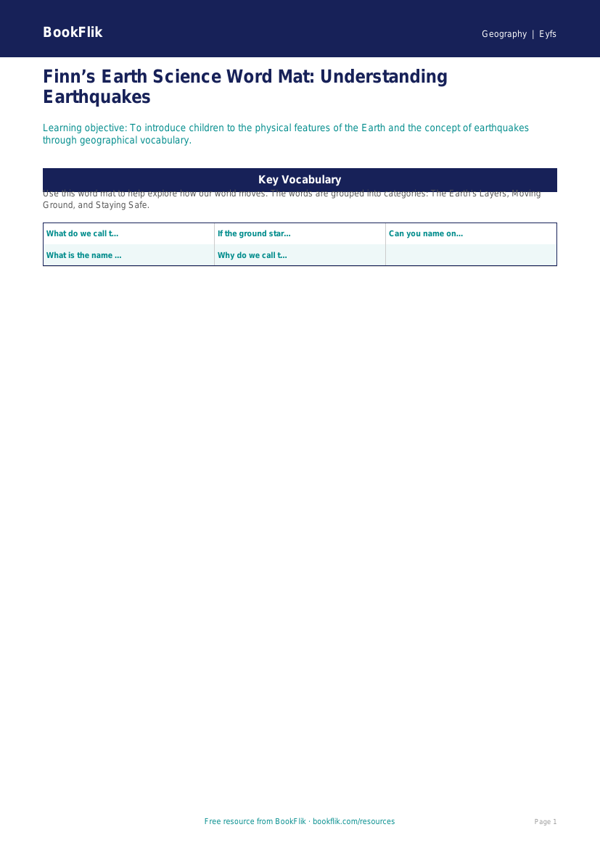 Free Earthquakes Word Mat | EYFS Core | BookFlik worksheet preview — Geography Earthquakes