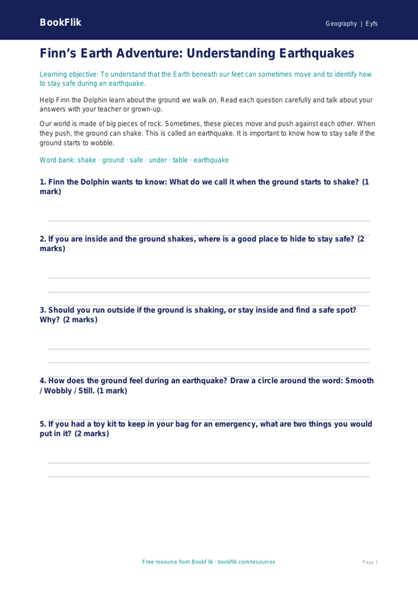 Free Earthquakes Worksheet | EYFS Core | BookFlik worksheet preview — Geography Earthquakes