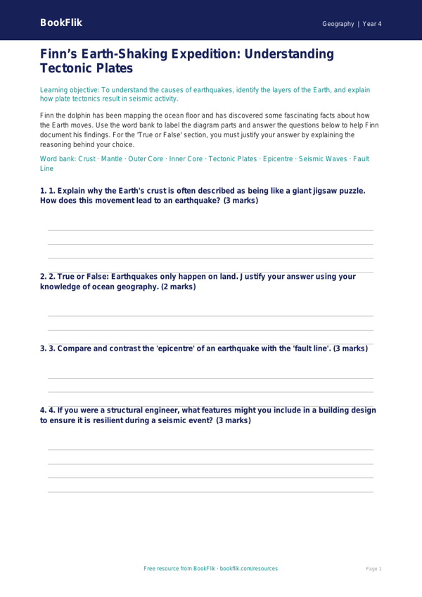 Free Earthquakes Activity Sheet | Year 4 Greater Depth | BookFlik worksheet preview — Geography Earthquakes
