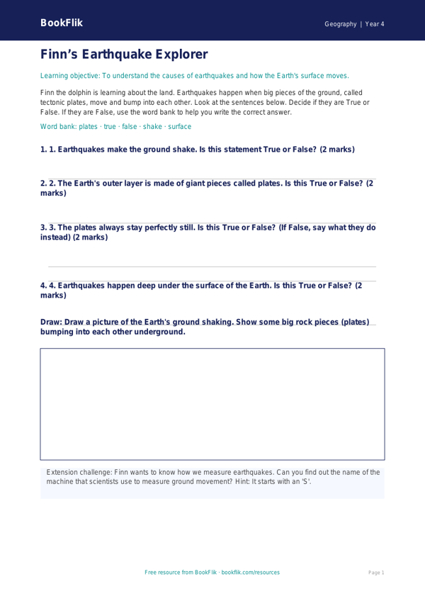Free Earthquakes Activity Sheet | Year 4 Supported | BookFlik worksheet preview — Geography Earthquakes