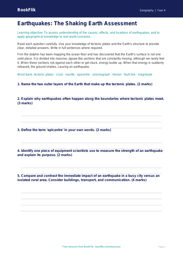 Free Earthquakes Assessment | Year 4 Greater Depth | BookFlik worksheet preview — Geography Earthquakes