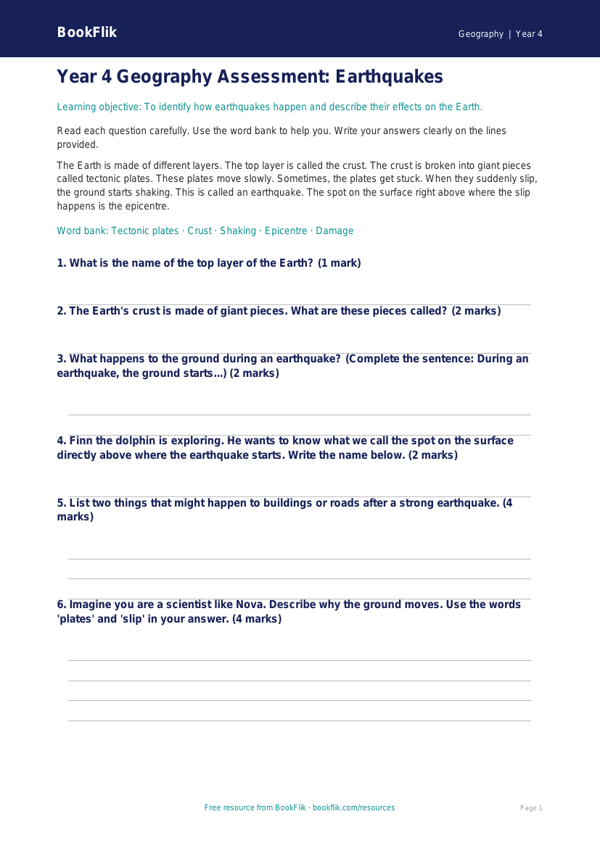 Free Earthquakes Assessment | Year 4 Supported | BookFlik worksheet preview — Geography Earthquakes
