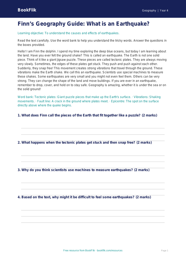 Free Earthquakes Comprehension | Year 4 Supported | BookFlik worksheet preview — Geography Earthquakes